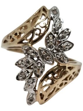 Large 10K Yelliw Solid Gold Floral Diamond Cluster Filigree Ring Sz 6
